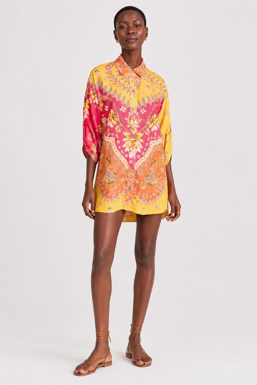Agua Bendita Chrissy Lola Bright Colorful Button Down Cover Up Top Small Cotton